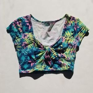 Charlotte Russe Tropical Floral Neon Crop Top Women's Small Tye Front